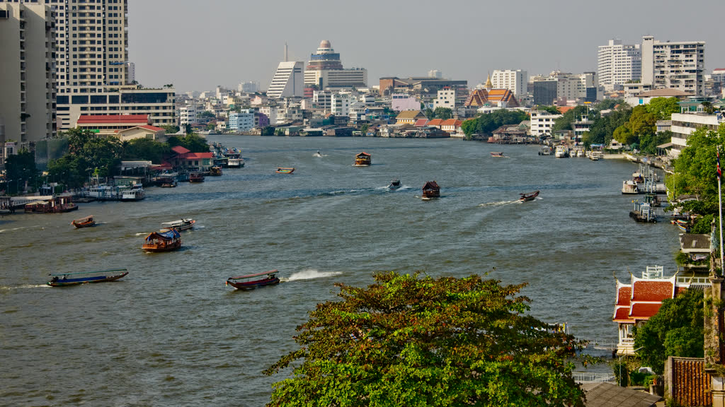 The Chao Phraya River winding through Bangkok, seen from above