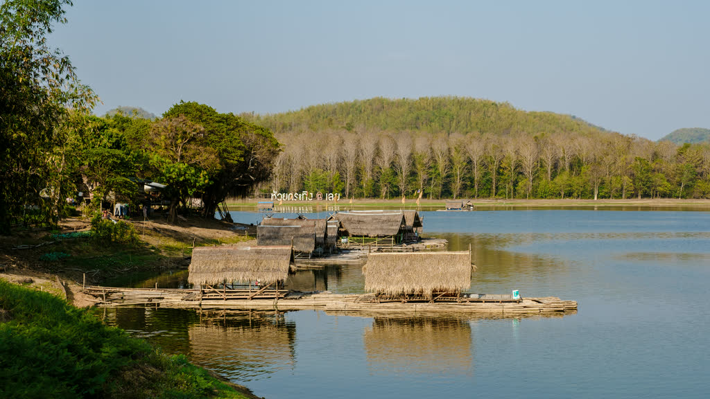 Morning at Huai Krathing reservoir in Loei province, northeast Thailand, with floating huts