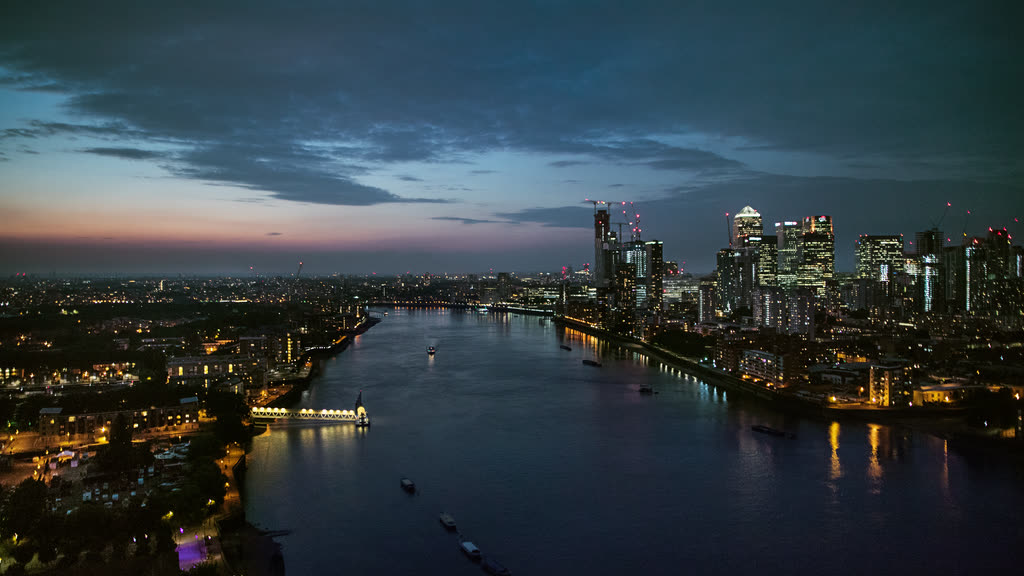 London and the River Thames at dusk, seen from high above